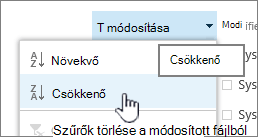 Legördülő rendezési menü egy oszlopfejlécen