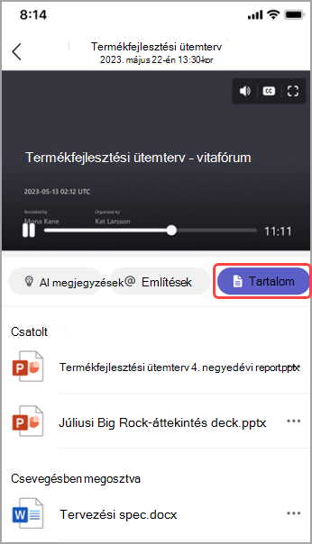 Megosztott tartalom megtekintése a Teams-értekezlet összefoglalójában.