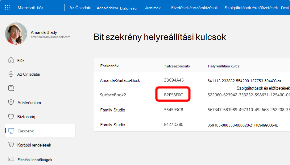 Képernyőkép egy Microsoft-fiók BitLocker helyreállítási kulcsáról.