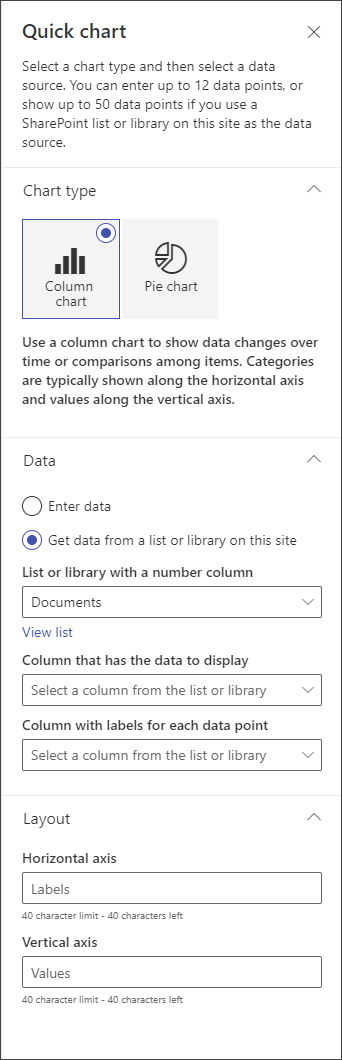 screenshot of the column chart editing panel