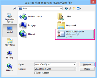 Válassza ki a CSV-fájlba importálandó vCard-fájlt.