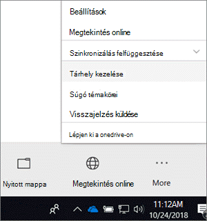 Képernyőkép a OneDrive Vállalati verzió új szinkronizálási ügyfélalkalmazásának menüjéről, melyen a Tárhely kezelése parancs van kijelölve.