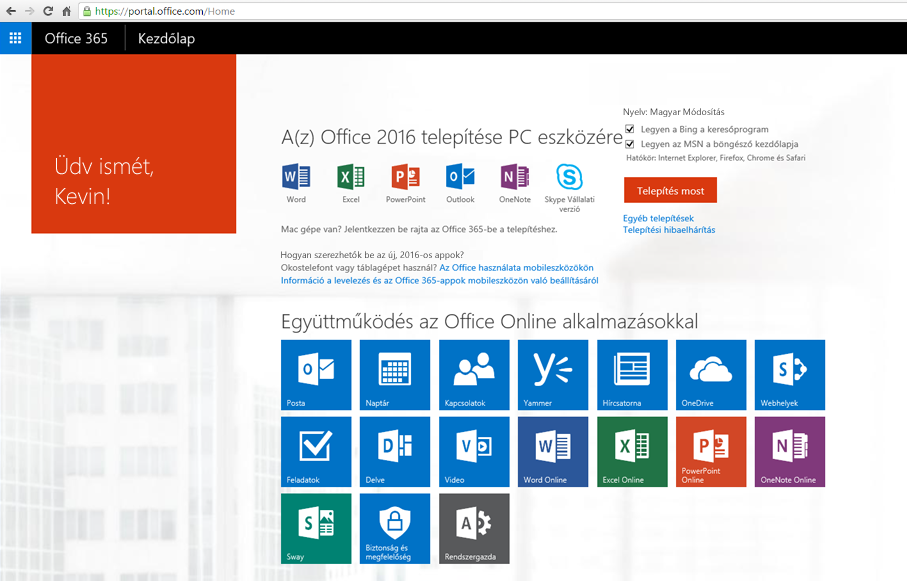 Képernyőkép: az Office 365 telepítése PC-n.