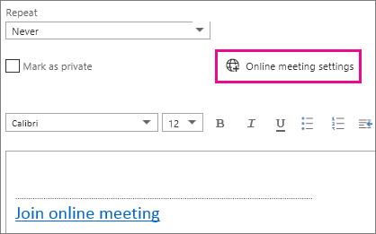Online értekezletek beállításgombja az Outlook Web Appban