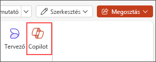 Képernyőkép a PowerPoint menüszalagjának Copilot gombjáról
