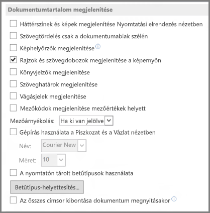 Word 2013 show document content options