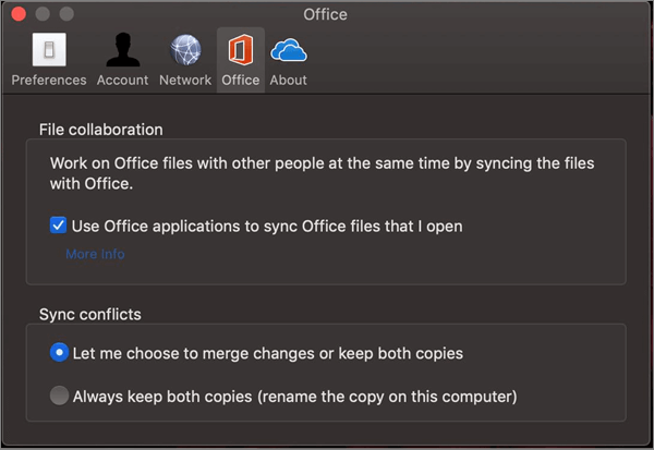 Office lap a Microsoft OneDrive, és az "Office szinkronizálása" lehetőség van kiválasztva