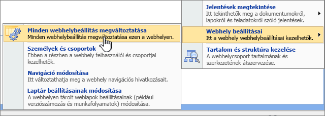 A Minden webhelybeállítás megváltoztatása opció a Webhely beállításai területen