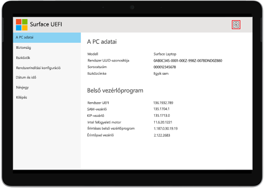 Surface UEFI rendszerindítási hiba képernyője