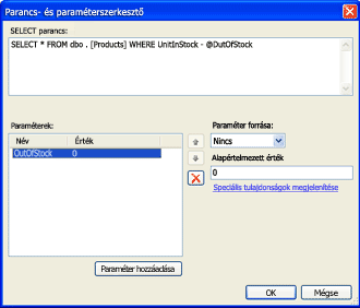 Parancs és paraméterszerkesztő SQL-paraméter utasítással