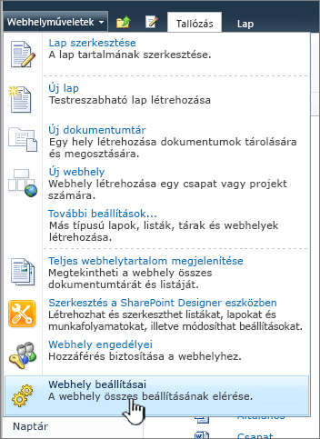 Webhely beállításai a Webhelyműveletek menüben