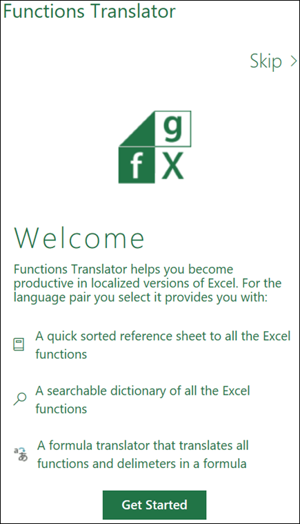 Az Excel Functions Translator üdvözlőpanelje