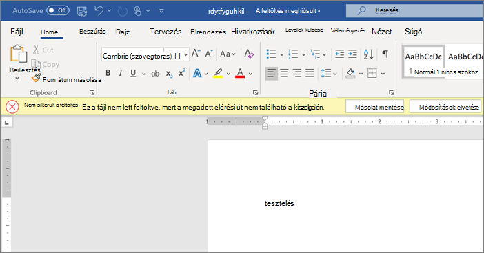 Képernyőkép: Sikertelen feltöltés hiba egy dokumentum szerkesztése közben a Wordben