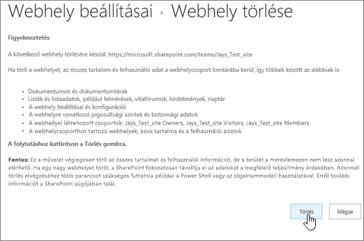 Webhely törlése figyelmeztetés, és megerősítést kérő képernyő