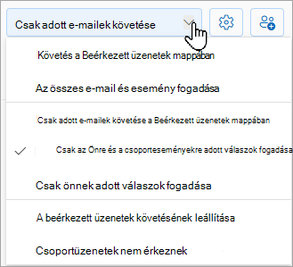 A legördülő listában a következő lehetőségek jelennek meg: a Beérkezett üzenetek mappában való követés, a Beérkezett üzenetek mappában lévő adott e-mailek követése vagy a Beérkezett üzenetek mappa követésének leállítása.