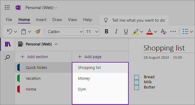 A OneNote webes felhasználói felületének nézete a tartalmi területtel