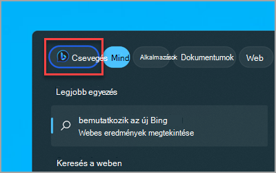 Az új Bing Chat gomb a tálca Windows 11 Keresőmezőjében.