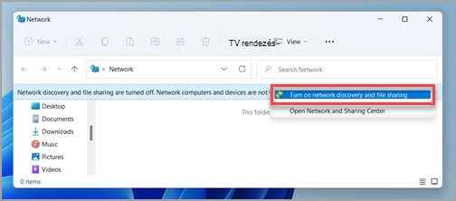 A Hálózat és Fájlmegosztás parancs a Windows 11 Hálózat paneljén.