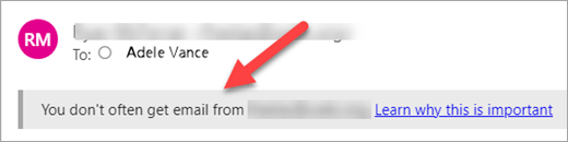 Biztonsági címke egy e-mail üzenetben, amely azt jelzi, hogy nem gyakran kap e-mailt az adott feladótól.