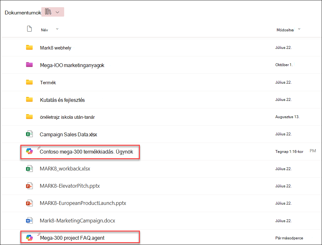 képernyőkép az aktuális dokumentumtár mappába mentett Copilot-ügynökökről