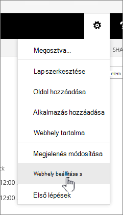 A Webhely beállításai lehetőség a Beállítások gomb alatt