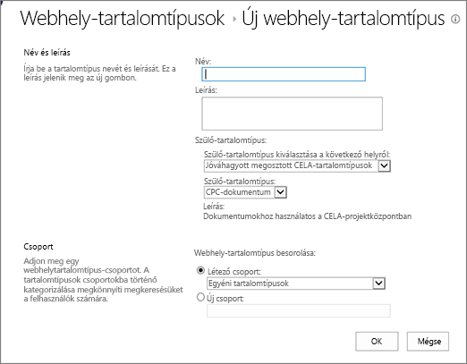 Tartalomtípusok létrehozása párbeszédpanel