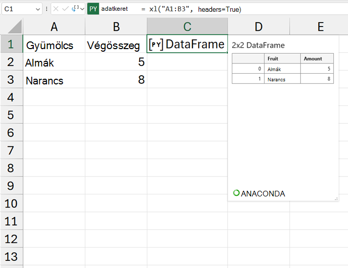 Egy megnyitott DataFrame-kártya.