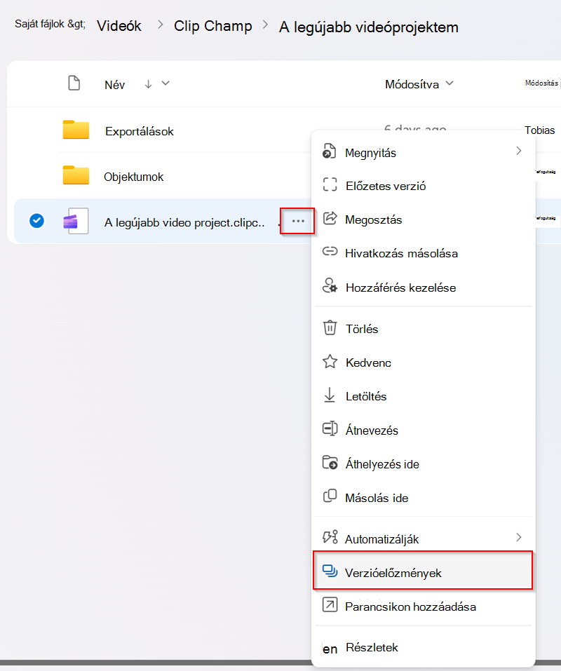 Verzióelőzmények megnyitása Clipchamp-projekt régebbi verziójának eléréséhez