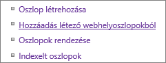 Közeli kép a Beállítások lap Meglévő oszlop hozzáadása hivatkozásáról