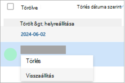 Képernyőkép a törölt névjegyről, és a legördülő menü Visszaállítás elemének kiválasztása