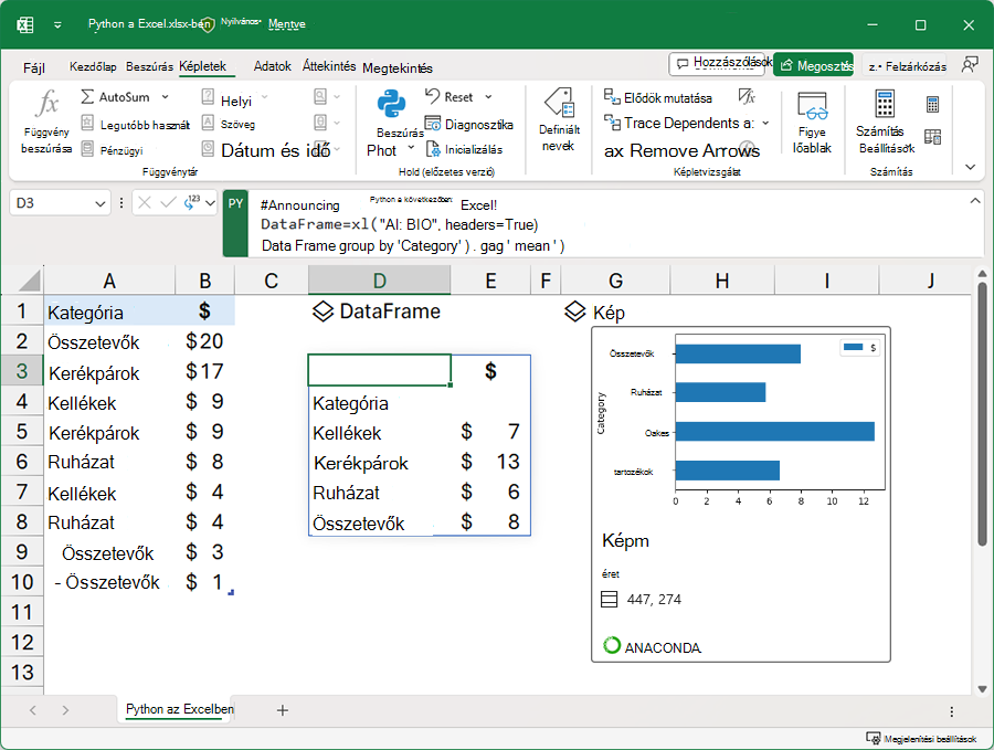 A Python bejelentése az Excelben. Python-képleteket tartalmazó Excel-munkafüzet képernyőképe.