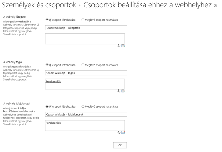 A Csoportok beállítása ehhez a webhelyez párbeszédpanel