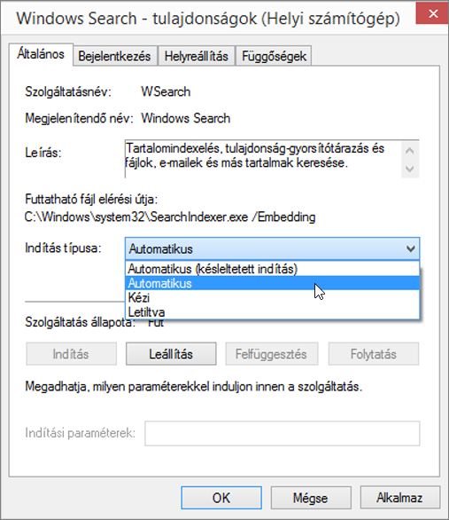 Képernyőkép Windows Keresés tulajdonságai párbeszédpanelről, amely az Indítási típus beállítás Automatikus beállítását mutatja.
