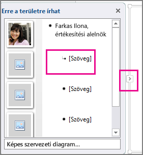 SmartArt-ábra a Szöveg ablakkal, benne a [Szöveg] elem és a Szöveg ablak vezérlője kiemelve