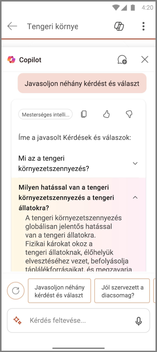 Képernyőkép a PowerPoint Copilotról Android-eszközön a Néhány kérdés és válasz javaslása paranccsal