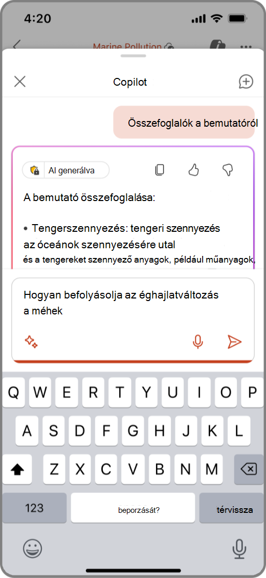 Képernyőkép a PowerPoint Copilotról iOS-eszközön a szövegbeviteli mezőben megjelenő üzenettel