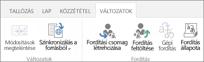 Képernyőkép: a célwebhely változatokat tároló lapja. A Lap két csoportot tartalmaz, változatot és fordítást