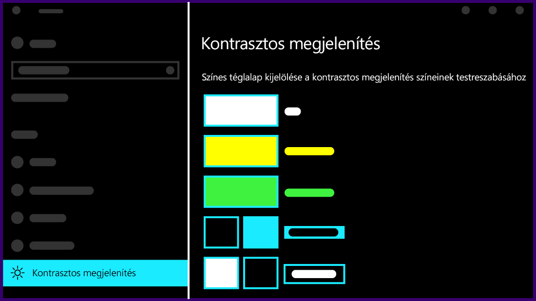 A kontrasztos megjelenítés beállításainak ábrája a Windows 10.