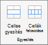 Képernyőkép a táblázat Elrendezés lapján elérhető Egyesítés csoportról, a Cellák egyesítése és a Cellák felosztása lehetőséggel.