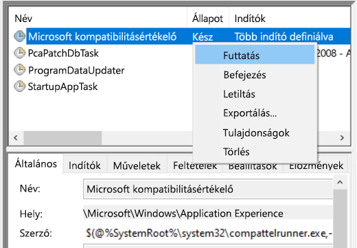 A Microsoft kompatibilitásértékelő futtatása a Feladatütemezőben.