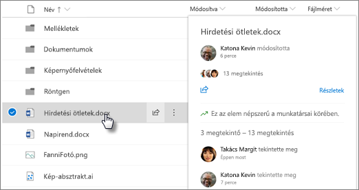 Képernyőkép: a OneDrive-on vagy a SharePointban lévő fájlra mutató hivatkozással megjelenő fájl hover-kártyája