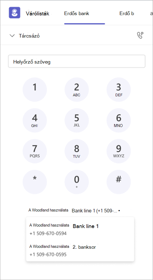Képernyőkép a tárcsázóról a kimenő hívási lehetőségekkel
