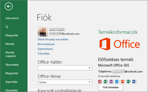 Az Office-hoz társított Microsoft-fiók az Office-alkalmazás Fiók ablakában látható