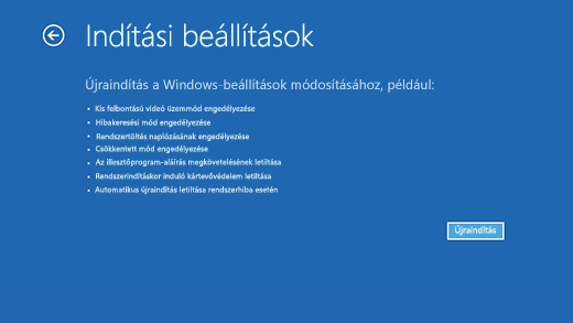 Indítási beállítások képernyő a Windows helyreállítási környezetben