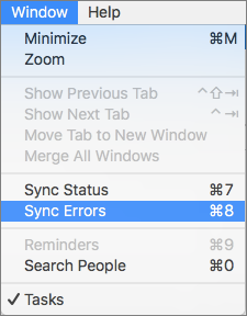Window Menu with Sync Errors highlighted