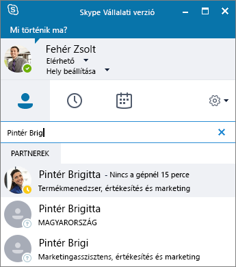 Képernyőkép a Skype Vállalati verzió ablakáról egy hozzáadni kívánt partner keresésekor