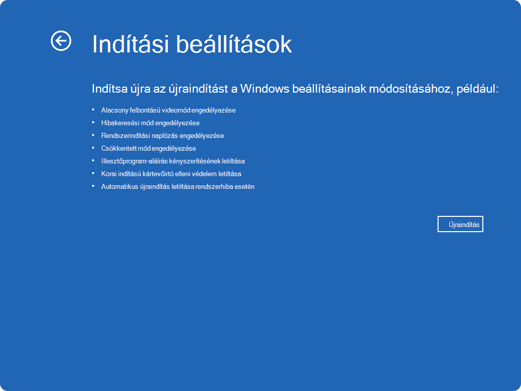 Képernyőkép a Windows RE indítási beállításairól.