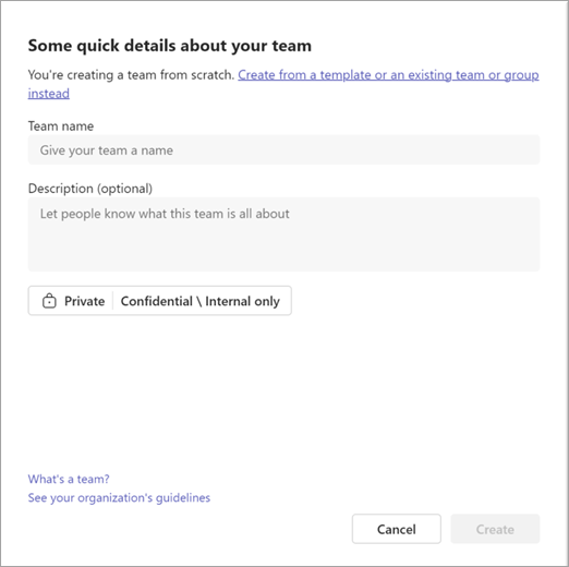 Képernyőkép a párbeszédpanelről, ahol elnevítheti és leírhatja a létrehozni kívánt csapatot