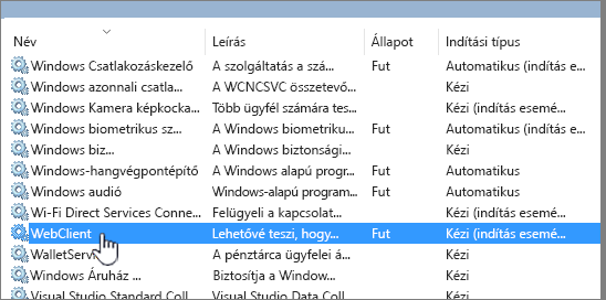Services.msc, a WebClient gomb kiemelve