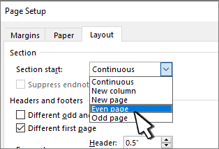 Page setup dialog Layout tab with Section start dropdown selected